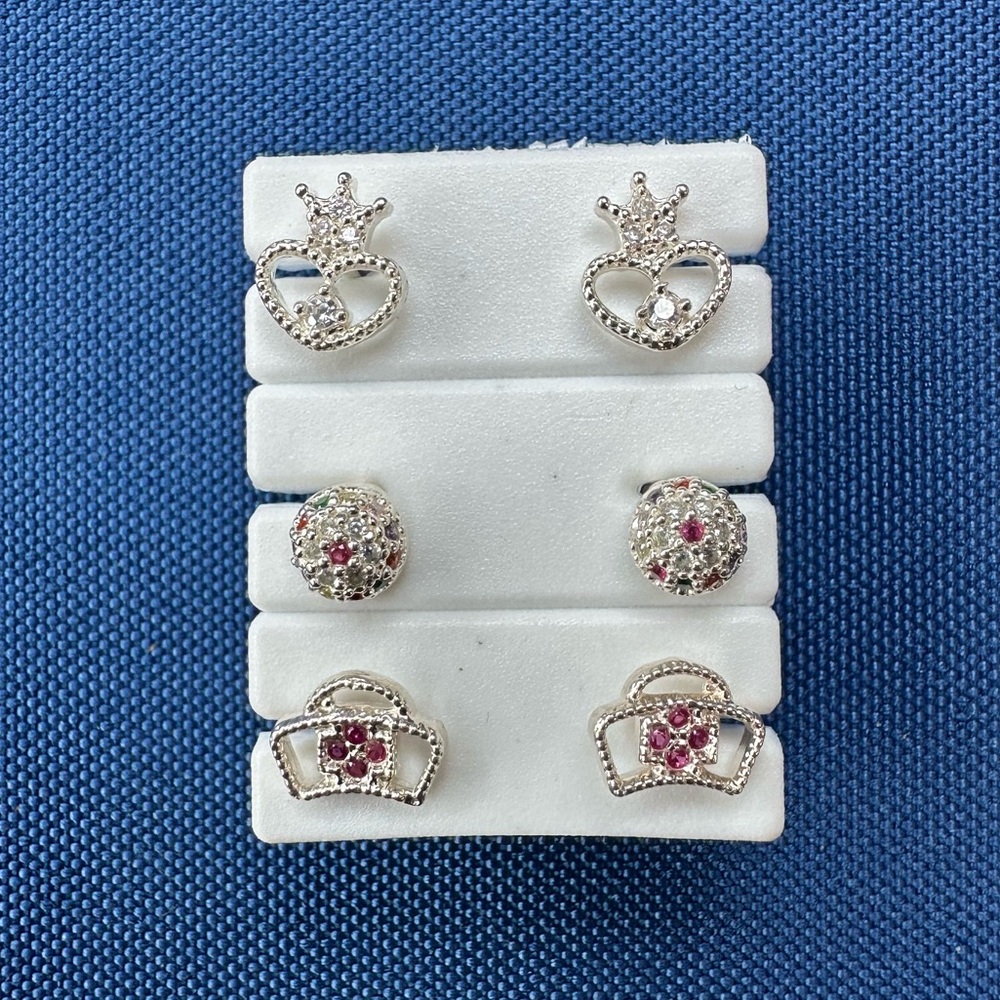 925 Italy Sterling Silver Elegant Silver and Red Crown Earrings Set